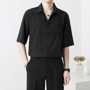 Black Summer Ice Silk Thin Stripe Short Sleeve Mens Casual Street Style Light Maturity Wind Half Sleeve Shirt Youth Loose Fit