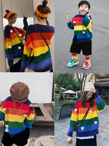 Fashionable Rainbow Family Matching Clothes Dopaamine Parent-Child Style Autumn Winter Streetwear for Three Or Four Family Members
