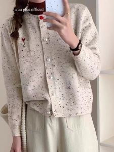 Korean Style Vintage Dot Knitted round Neck Single Button Sweater Cardigan Womens Fashion Outerwear 2024 New Arrival