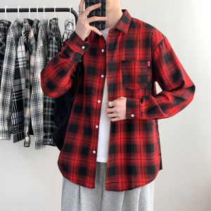 ฤดูใบไม้ผลิ ฤดูใบไม้ร่วง ผ้าฝ้าย ผ้าขนแกะ เสื้อเชิ้ตแขนยาวผู้ชาย ลำลอง หลวม Fit น้ำหนักเบา ลายสก็อต เสื้อเชิ้ตสําหรับเยาวชนแจ๊กเก็ต ชุดราตรี