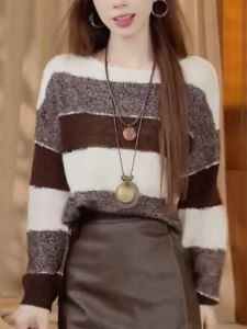 QINGNAER | Retro Korean Soft Stripe Oversized Sweater