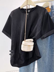 New Chinese Style National Trend Embroidered Black Short Sleeve T-Shirt Women Summer plus Size Conceal Belly High End Feeling Top