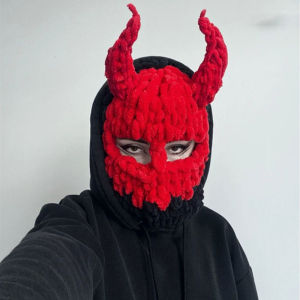 ZEEMIN Christmas Halloween Funny Devil Horn Balaclava Cap for Women Men Adult Face Mask Gothic Beanie Hat Warm Face Cover Knit Hat