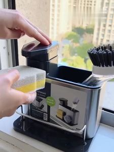 Sponge Holder Kitchen Sink Soap Sponge Brush Organizer Dish Soap Dispenser for Kitchen Sink 3-in-1 Stainless Steel