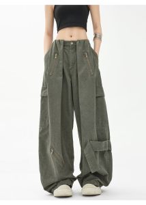 American Vintage Military Green Paratrooper Pants Summer Loose Wide Leg Cotton Trousers Womens Casual Straight Cut Jeans