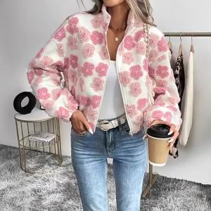 Autumn Winter Womens Warm Jacket Stand Up Collar Long Sleeved Women Short Coats Printed Jacket Elegant Loose Womens Clothing