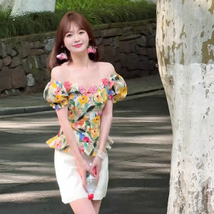 chaqi | Áo sơ mi nữ tay bồng in họa tiết hoa phong cách Pháp độc đáo thanh lịch mùa hè màu vàng cao cấp