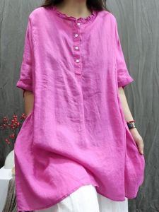 Áo Sơ Mi Vải Lanh Tay Năm Mùa Hè Cổ Tròn Rộng Rãi Thêu Hoa Viền Cổ Điển Thoải Mái Thoáng Khí Phong Cách Hàn Quốc