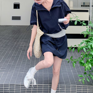 Shalldoer | Workwear Style Two-Piece Set Womens Summer Korean Version Drawstring Hoodie Short Skirt Set Casual Comfortable Breathable