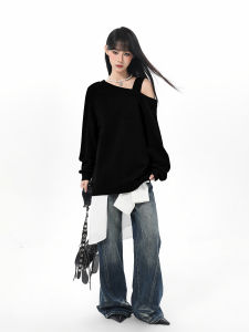 American Style Womens Black off Shoulder Sweatshirt Spring Autumn Thin Long Sleeve Casual Top for Initial Fall Outfits