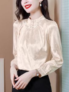 WANGGONGZHU | Elegant Satin Stand Collar Womens Shirt Princess Style Commute Fashion Slim Fit Long Sleeve Pure Color Korean Version Top