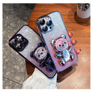 KONSMART 2024 New Case Samsung A55 A35 A05 A05S S23FE A14 A24 A34 A54 A04 A04E A03 A13 A23 A33 A53 A73 S23 Ultra Plus With Cute Candy Bear Bracket Bling Glitter Paper Clear Plating Soft Casing SamsungS23FE Phone Back Cover