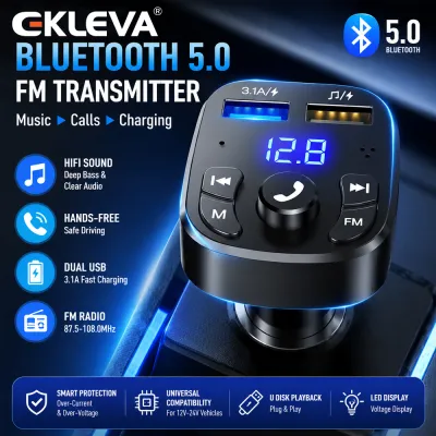 EKLEVA Wireless Bluetooth 5.0 Car FM Transmitter Hands Free Car Kit MP3 Music Audio Receiver Dual USB Port Fast Charger Car Adapter for All Vehicles