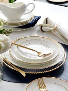 Gold Rimmed Bone China Plate Dinnerware Set Creative Western Style Steak Plate Home Use Ceramic Bowl Nordic Style Pure Color