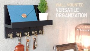 Wall Mounted Key Holder Wood Key Holder Organizer Wall Mounted House Key Holder for Wall with Mail Storage Basket Organizer with 6 Sturdy Wall Hooks and Wooden Key Rack Hooks Organizer Multifunctional Behind The Door Hooks for Entryway