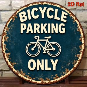 2D Retro Metal Bicycle Parking Sign Round Aluminum Plate Decorative Wall Art for Garage Door Yard Gift