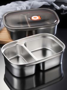 Thickened Large Capacity 304 Stainless Steel Adult Two Grids Meal Plate Deepened Divided Dish for Office Workers with Lid