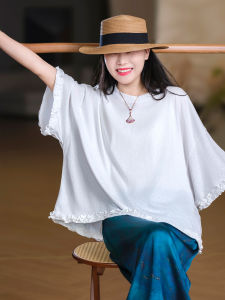 XIAOER | Loose Fit Cotton T-Shirt with 3D Earflap Ruffle and Round Neck