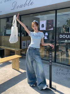 กางเกงยีนส์ทรงหลวมเอวสูงขาตรงสีน้ำเงินสำหรับผู้หญิง กางเกงขายาวลำลองสไตล์เกาหลี กางเกงขายาวทรงหลวมสบายๆ ฤดูร้อน