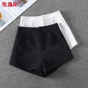 Black Suit Short Pants Womens Spring New High Waist Casual A-Line Wide Leg Boot Pants Polyester Fiber Zipper Pocket Details