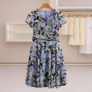 Elegant Floral Slimming V-Neck Short Sleeve Summer Dress