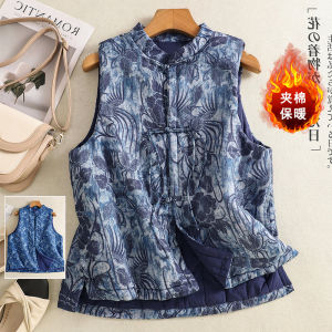 Retro Cotton Patchwork Printed Vest Coat Large Size Womens Winter Chinese Style National Fashion Thickened Mom Jacket