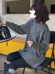 Comfortable Simple Womens Sweatshirt Lantern Sleeve Cotton Polyester Blend Long Sleeve round Neck Mid-Length Winter New Style