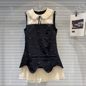 Summer New Arrival Sleeveless Ruffled Collar Rhinestone Embroidered Beadings Mesh Patchwork Short Dress Women GR434