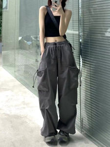 กางเกงทำงานสีเทาทรงหลวมสไตล์ฮิปฮอปสำหรับผู้หญิง กางเกงขายาวลำลองสไตล์อเมริกันสตรีท กางเกงขายาวทรงตรงบางสำหรับเต้นรำฮิปฮอป