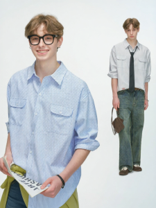 Áo Sơ Mi Dài Tay Có Dải Xanh Đạo Hàng Thu Phong Cách Casual