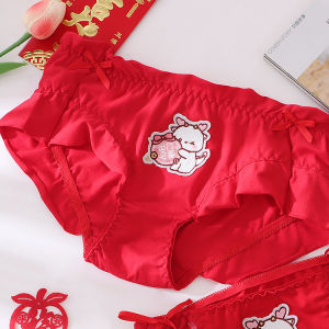 กางเกงชั้นในสตรีผ้าฝ้ายแท้ทรงสามเหลี่ยมสีแดงสำหรับงานแต่งงานและปีแห่งชาติ กางเกงชั้นในผ้าฝ้ายระบายอากาศได้ดีพร้อมขอบลูกไม้ ทรงเอวต่ำ ลายการ์ตูน