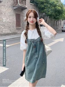 Vintage Cool Denim Overalls Womens Summer New Style Age Reduction Dress Milk Series Complete Set Korean Style Button Pocket Skirt Cotton Dress