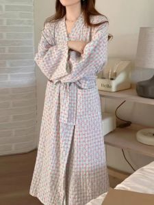 Bathrobe Night-Robe Japanese GP Pure Cotton Long Sleeves Pajamas Womens Spring and Autumn Sweet Loving Heart Gingham Long Kimono Homewear