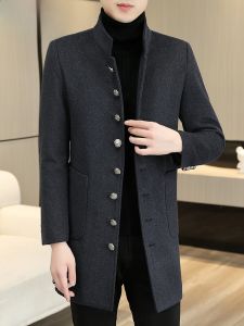HENGYUANXIANG | Hengyuanxiang Mens Woolen Coat Autumn Winter New Style Casual Thickened Mid-Length Stand Collar Dad Clothes Tweed Outerwear