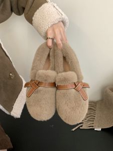 Jiji Studio Womens Furry Slip-On Shoes with Inner Heightening Cotton Lining Soft Rabbit Fur mid Heel Sweet Style Casual Wear