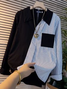 plus Size Womens Shirt Spring New Loose Top Striped Color Block Slimming Autumn Initial Fatty Sister Korean Style Commute