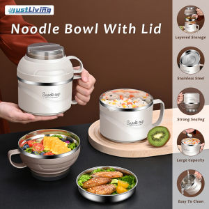 JustLiving 1PC 304 Stainless Steel Instant Noodle Bowl with Lid Lunch Box Double Layer Insulation Food Storage Bowl Dormitory Large Capacity Lunch Box Portable Lunch Fast Food Cup Bento Box