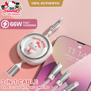 (66W)100% Authentic Sanrio Hello Kitty Cable 3 in 1 Charging Cable Micro USB Type C Lightning Cables Retractable Fast Charging for Wireless Earbuds iOS and Android Smartphone Cinnamoroll Birthday Gift hellokitty Accessories Kuromi Melody AQ3/AQ10/AQ2