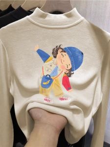Girls Long Sleeve Thermal T-Shirt White Fleece Inner Wear Base Layer Top for Autumn Winter Cartoon Print Korean Style Childrens Clothes