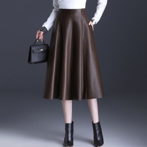 Haier Ning Genuine Leather Skirt High Waist A-Line Mini Midi Skirts Womens Autumn Winter New Style Sheepskin Slimming Coffee Color