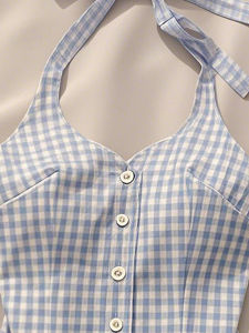 Áo Ba Lỗ Cổ Treo Kẻ Caro Không Tay Mùa Hè Cho Nữ Outlet Sale Retro Mini Vest Dáng Thon Phong Cách Công Sở Áo Thun Dài Đến Vai