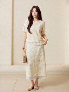 plusmall | Elegant Beaded Chiffon Splice Short Sleeve Top & Skirt Set