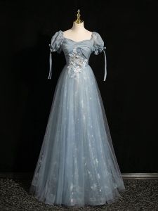 ชุดราตรีเจ้าหญิงสีน้ำเงิน ชุดราตรียุโรปหรูหราสไตล์ฝรั่งเศส ชุดแต่งงาน ชุดราตรี เดรสยาว ชุดงานเลี้ยง เดรสยาวปานกลาง