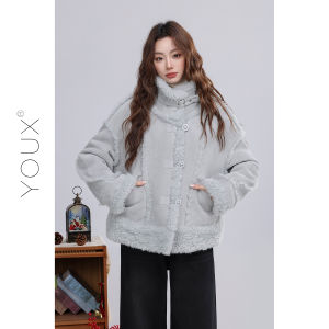 YOUXIANG | Áo Khoác Lông Cừu Xanh Retro Dáng Rộng Cổ Trụ Nữ