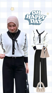 Set Casual Style 3in1: Blouse Cardigan Knit & Celana Hitam & Tas Bahu & Hijab Pashmina AM84R