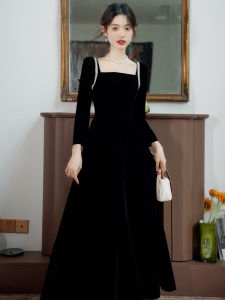 Elegant Long Velvet Dress Womens Autumn Winter French Hepburn Style First Love Chic Black Evening Gown High Waist A-Line Skirt