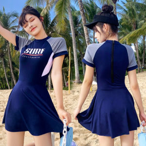 One-Piece Sport Style Swimsuit for Women Pure Color Conservative Broadcast Swimwear Slimming Belly Covering Student Swimsuit with Chest Pad