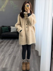 Lamb Fur Hooded Jacket Womens Mid-Length Thickened Warm Loose Winter Coat Korean Style Commute Fashion Chinese Production