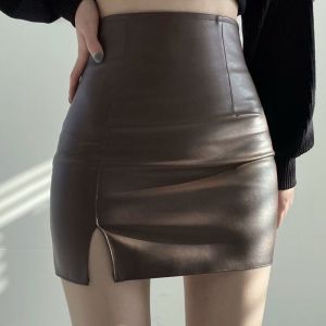 Brown Small Leather Skirt Female Short Fall Winter Skirt High Waist Slimming and Tight PU Leather Skirt Slit Sheath Skirt XS