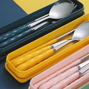 【Local Shipping】4pcs/set Spoon Fork Chopstick Cutlery Portable Dinnerware Kit Lunch Tableware With Box Set 304 Stainless Steel Kitchen Accessories